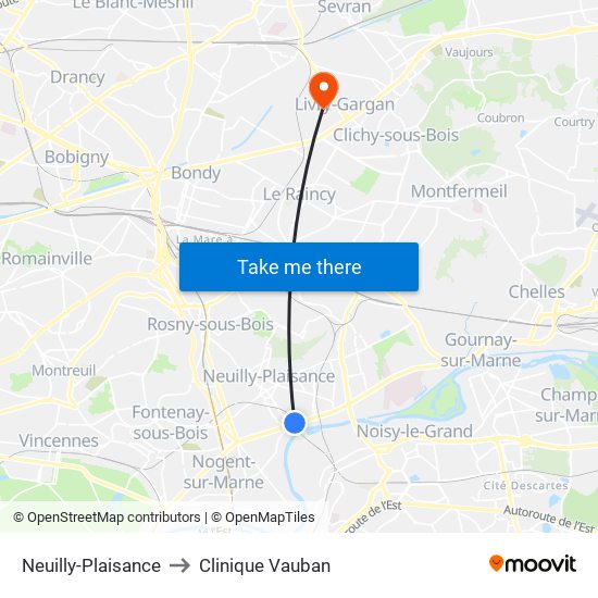 Neuilly-Plaisance to Clinique Vauban map
