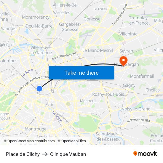 Place de Clichy to Clinique Vauban map
