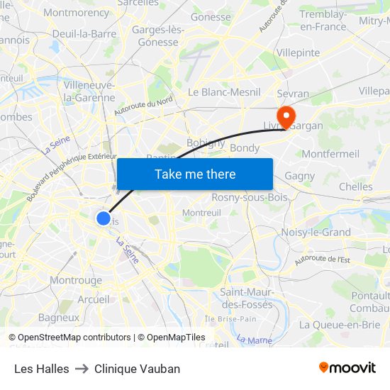 Les Halles to Clinique Vauban map