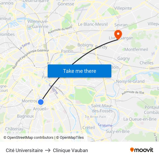 Cité Universitaire to Clinique Vauban map