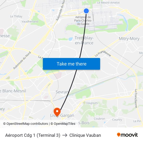 Aéroport Cdg 1 (Terminal 3) to Clinique Vauban map