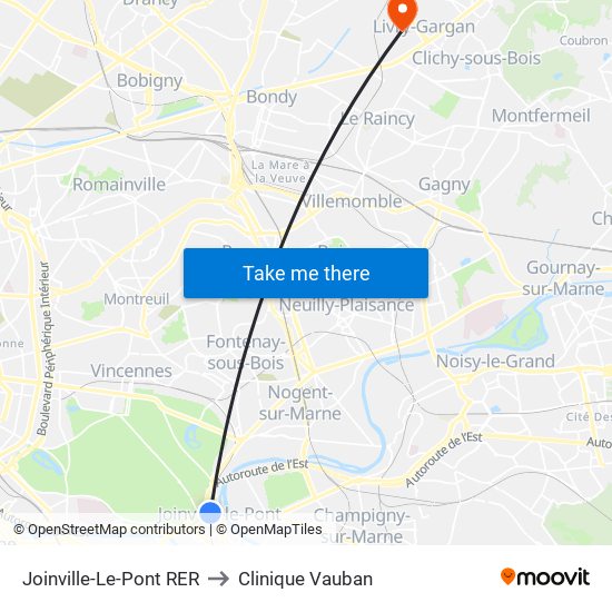 Joinville-Le-Pont RER to Clinique Vauban map