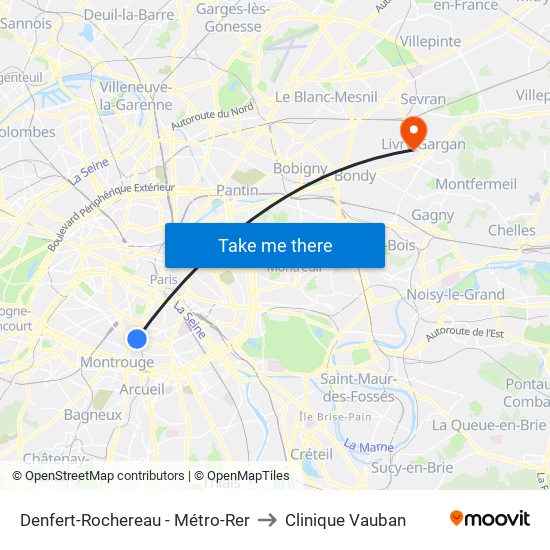 Denfert-Rochereau - Métro-Rer to Clinique Vauban map