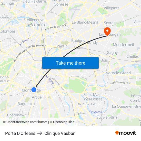 Porte D'Orléans to Clinique Vauban map