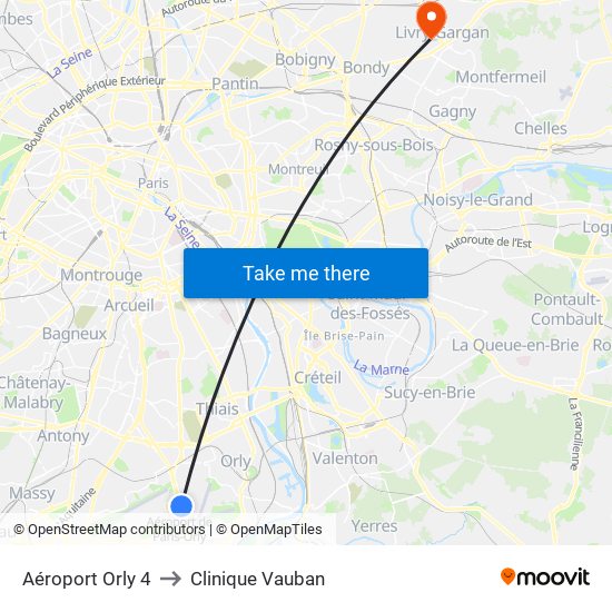 Aéroport Orly 4 to Clinique Vauban map