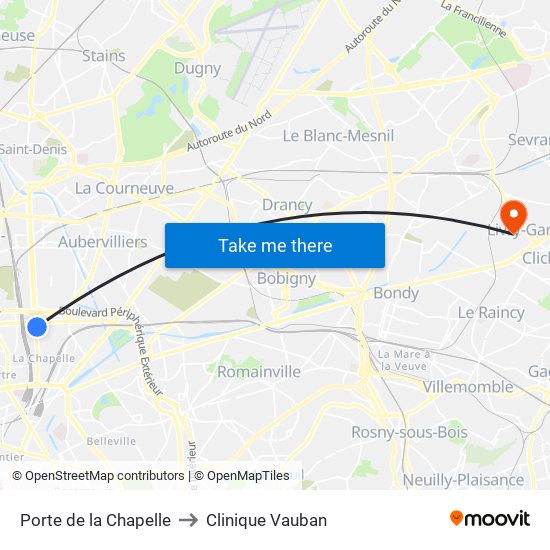 Porte de la Chapelle to Clinique Vauban map