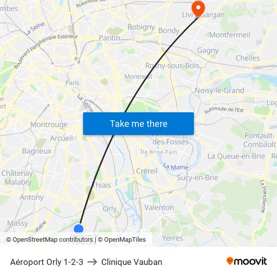 Aéroport Orly 1-2-3 to Clinique Vauban map