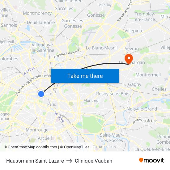 Haussmann Saint-Lazare to Clinique Vauban map