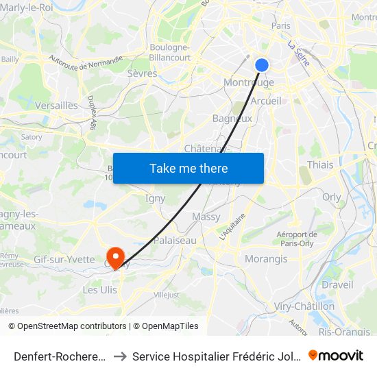 Denfert-Rochereau to Service Hospitalier Frédéric Joliot map