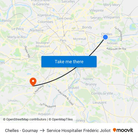 Chelles - Gournay to Service Hospitalier Frédéric Joliot map