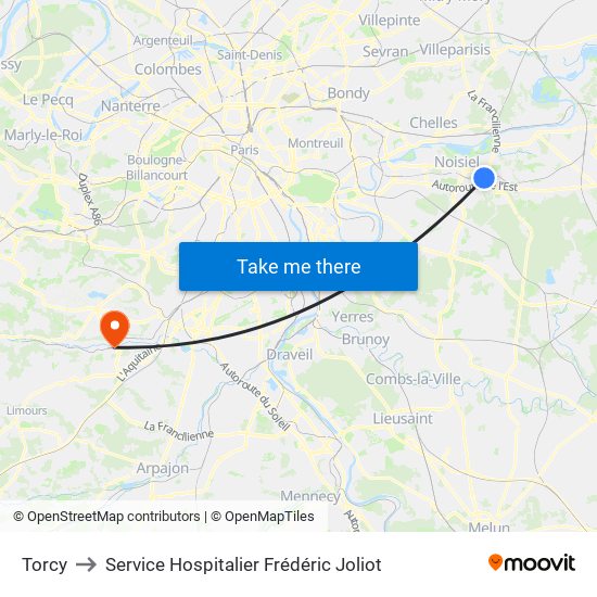 Torcy to Service Hospitalier Frédéric Joliot map