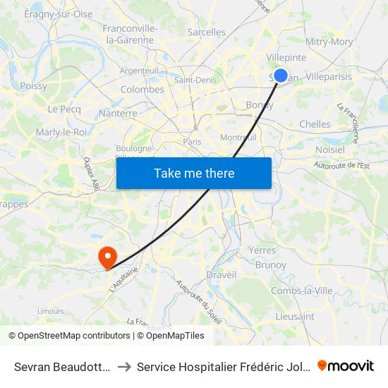 Sevran Beaudottes to Service Hospitalier Frédéric Joliot map