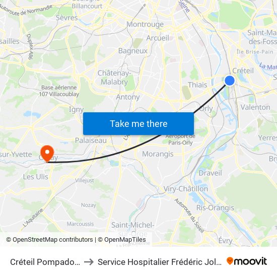 Créteil Pompadour to Service Hospitalier Frédéric Joliot map