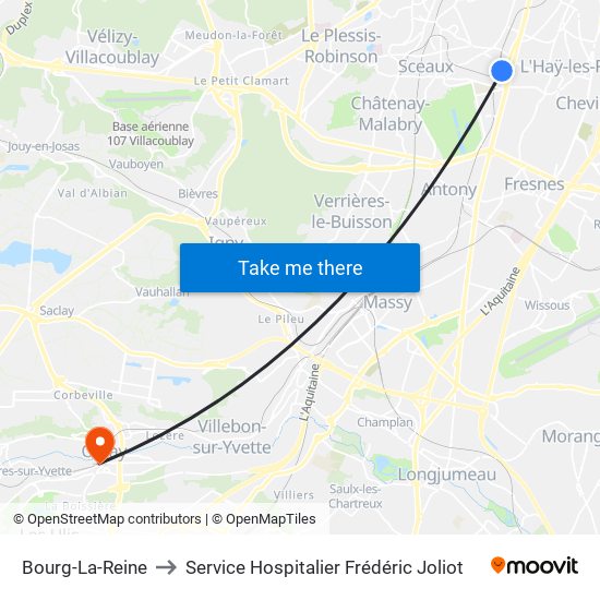 Bourg-La-Reine to Service Hospitalier Frédéric Joliot map