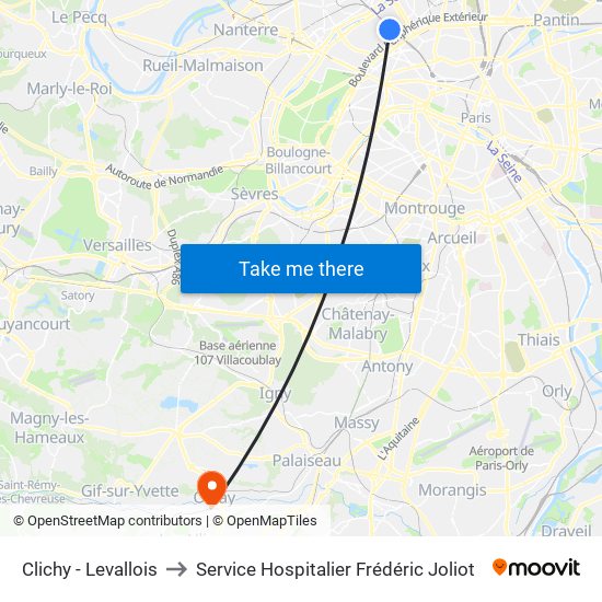 Clichy - Levallois to Service Hospitalier Frédéric Joliot map