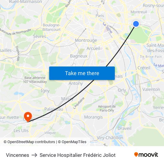 Vincennes to Service Hospitalier Frédéric Joliot map
