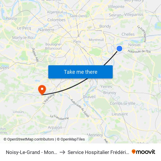 Noisy-Le-Grand - Mont D'Est to Service Hospitalier Frédéric Joliot map