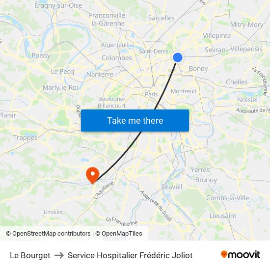 Le Bourget to Service Hospitalier Frédéric Joliot map