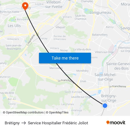 Brétigny to Service Hospitalier Frédéric Joliot map