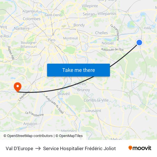 Val D'Europe to Service Hospitalier Frédéric Joliot map