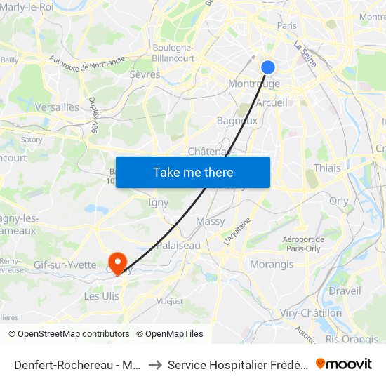 Denfert-Rochereau - Métro-Rer to Service Hospitalier Frédéric Joliot map