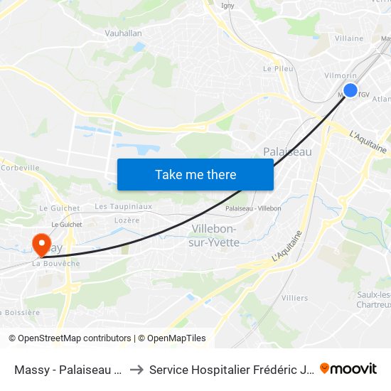 Massy - Palaiseau RER to Service Hospitalier Frédéric Joliot map
