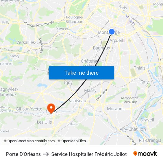 Porte D'Orléans to Service Hospitalier Frédéric Joliot map