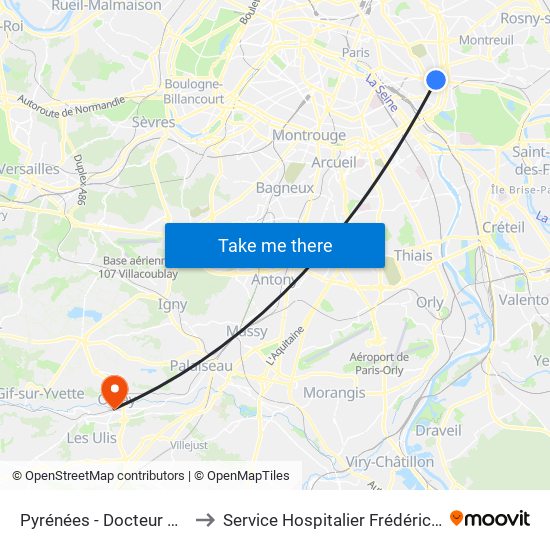 Pyrénées - Docteur Netter to Service Hospitalier Frédéric Joliot map