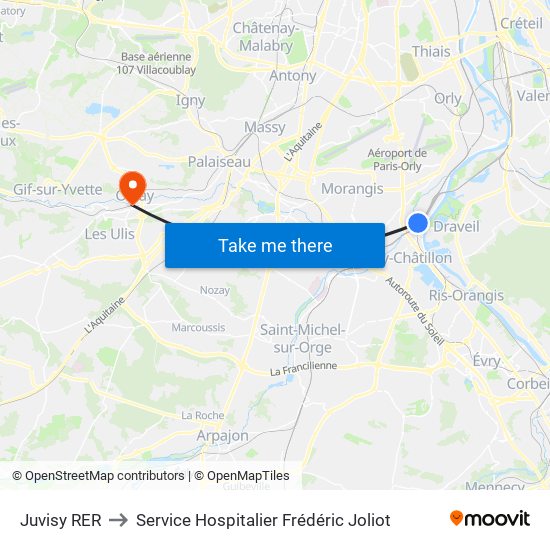Juvisy RER to Service Hospitalier Frédéric Joliot map