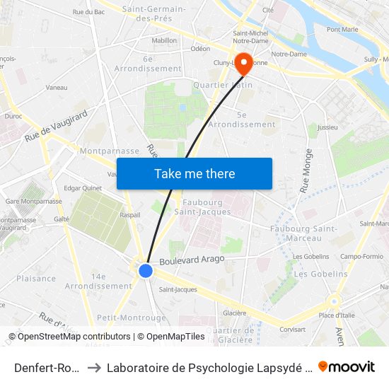 Denfert-Rochereau to Laboratoire de Psychologie Lapsydé - Université de Paris map