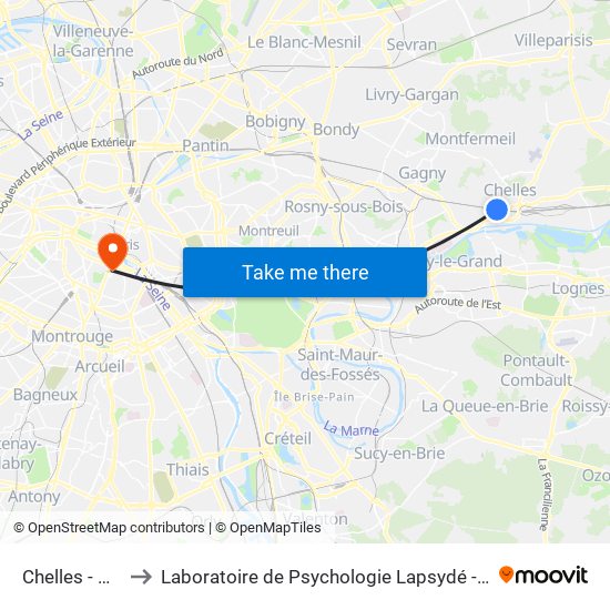 Chelles - Gournay to Laboratoire de Psychologie Lapsydé - Université de Paris map