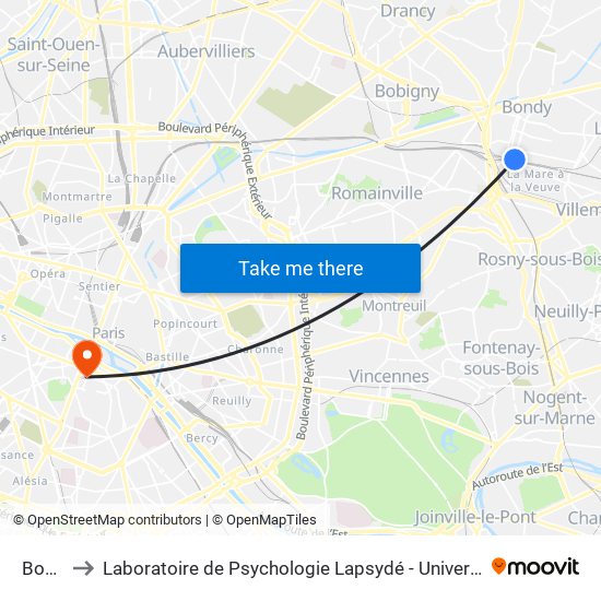 Bondy to Laboratoire de Psychologie Lapsydé - Université de Paris map