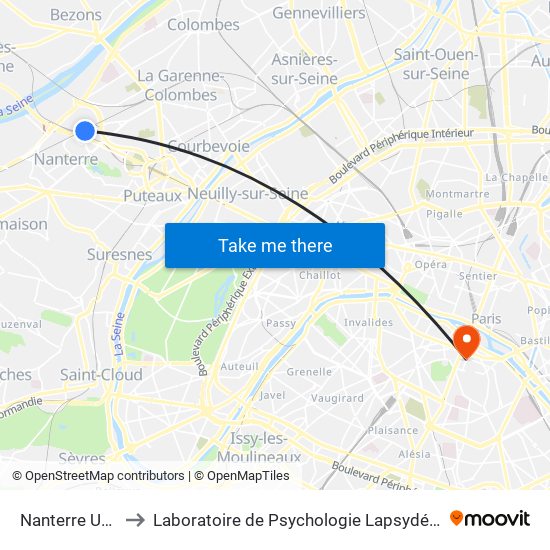 Nanterre Université to Laboratoire de Psychologie Lapsydé - Université de Paris map