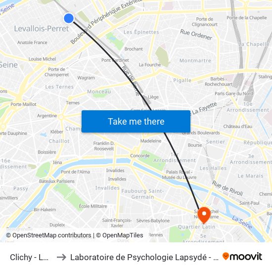 Clichy - Levallois to Laboratoire de Psychologie Lapsydé - Université de Paris map