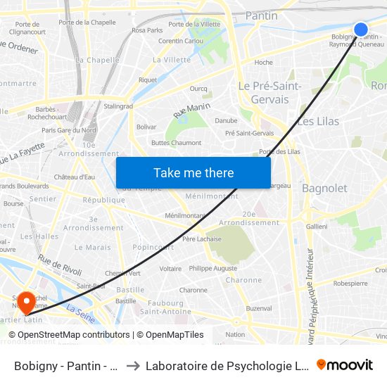 Bobigny - Pantin - Raymond Queneau to Laboratoire de Psychologie Lapsydé - Université de Paris map