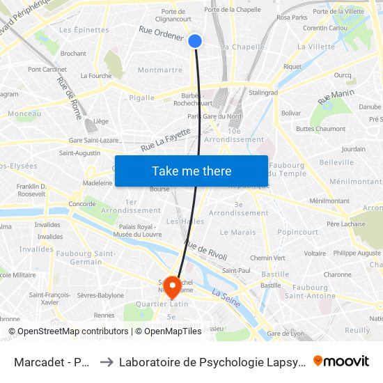Marcadet - Poissonniers to Laboratoire de Psychologie Lapsydé - Université de Paris map