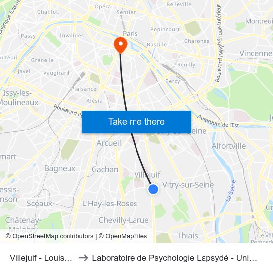 Villejuif - Louis Aragon to Laboratoire de Psychologie Lapsydé - Université de Paris map