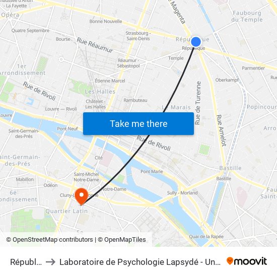 République to Laboratoire de Psychologie Lapsydé - Université de Paris map