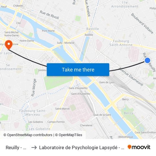 Reuilly - Diderot to Laboratoire de Psychologie Lapsydé - Université de Paris map