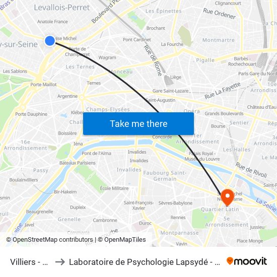 Villiers - Bineau to Laboratoire de Psychologie Lapsydé - Université de Paris map