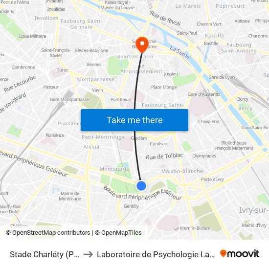 Stade Charléty (Porte de Gentilly) to Laboratoire de Psychologie Lapsydé - Université de Paris map