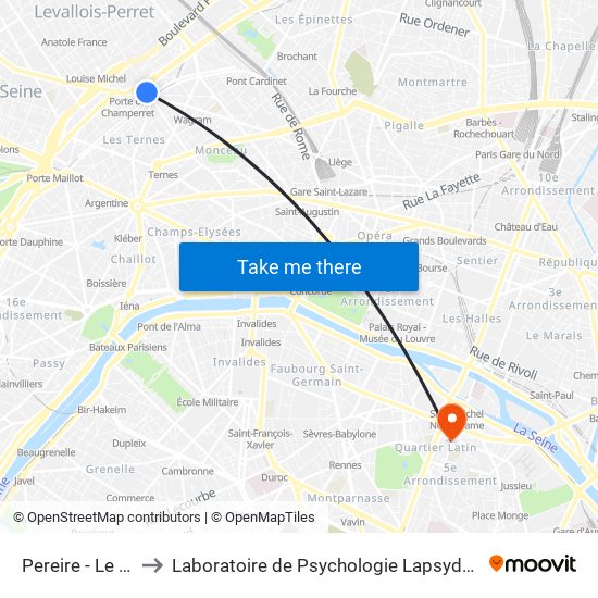 Pereire - Le Chatelier to Laboratoire de Psychologie Lapsydé - Université de Paris map