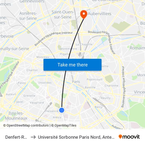 Denfert-Rochereau to Université Sorbonne Paris Nord, Antenne de L'Iut de Saint-Denis map