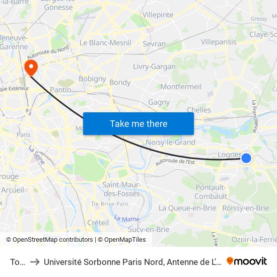 Torcy to Université Sorbonne Paris Nord, Antenne de L'Iut de Saint-Denis map