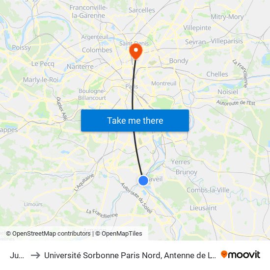 Juvisy to Université Sorbonne Paris Nord, Antenne de L'Iut de Saint-Denis map