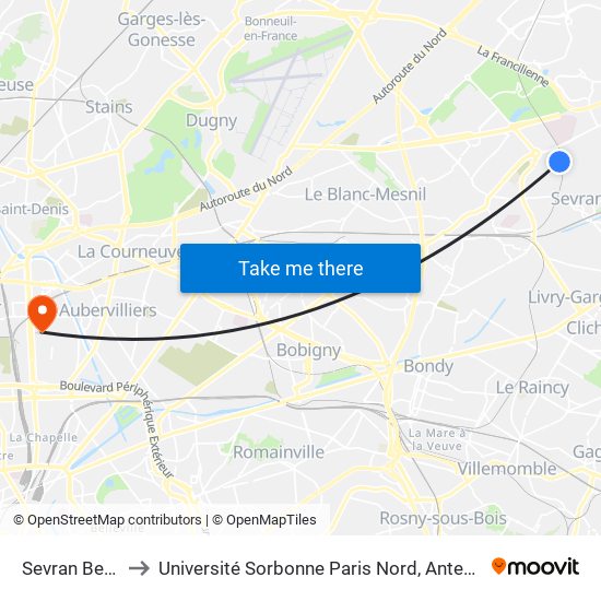 Sevran Beaudottes to Université Sorbonne Paris Nord, Antenne de L'Iut de Saint-Denis map