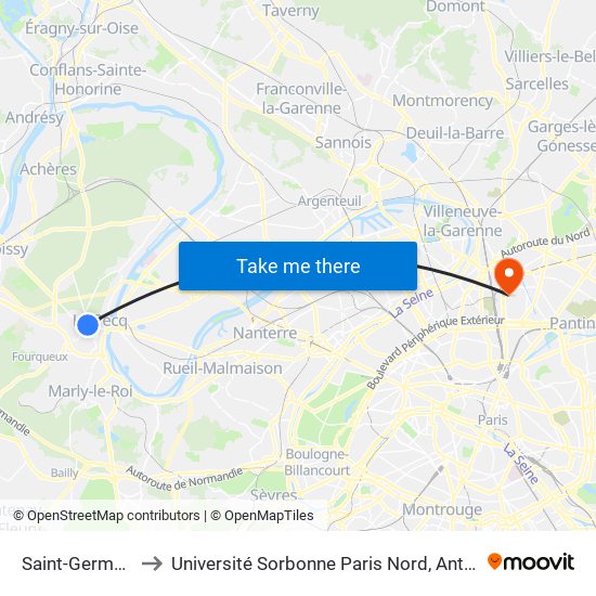Saint-Germain-En-Laye to Université Sorbonne Paris Nord, Antenne de L'Iut de Saint-Denis map