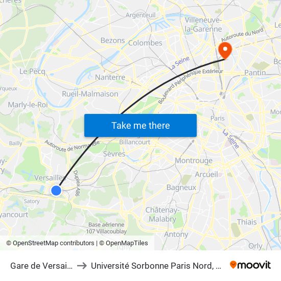 Gare de Versailles - Chantiers to Université Sorbonne Paris Nord, Antenne de L'Iut de Saint-Denis map