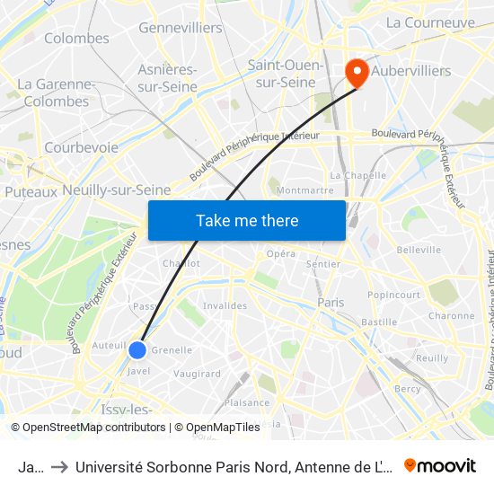 Javel to Université Sorbonne Paris Nord, Antenne de L'Iut de Saint-Denis map