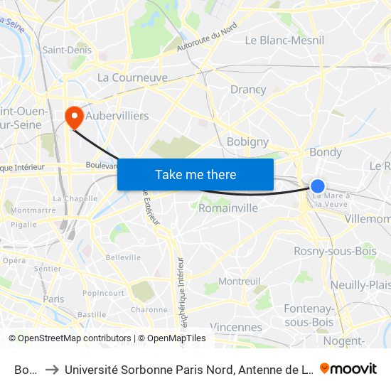 Bondy to Université Sorbonne Paris Nord, Antenne de L'Iut de Saint-Denis map